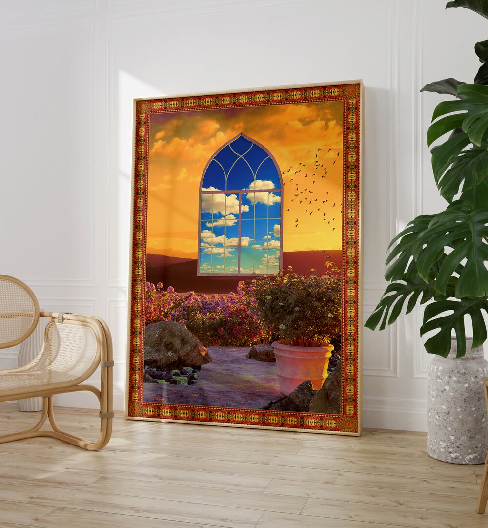 Floating Window By Cosmo Zach Surreal Art Prints Surrealism in Oak Wood Plain Frame placed on the floor between a chair and a plant