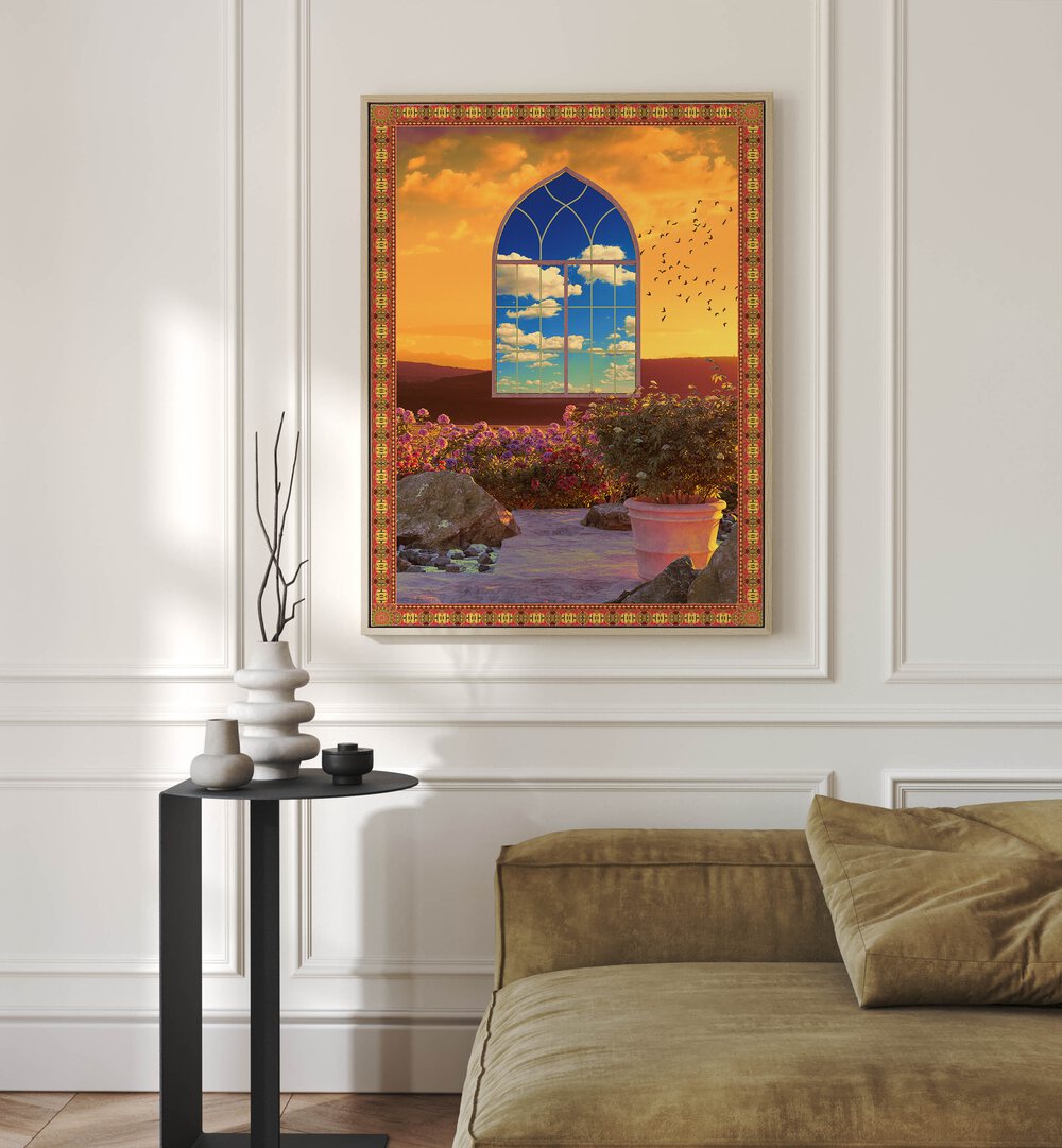 Floating Window By Cosmo Zach Surreal Art Prints Surrealism in Oak Wood Floater Frame placed on a wall behind a sofa