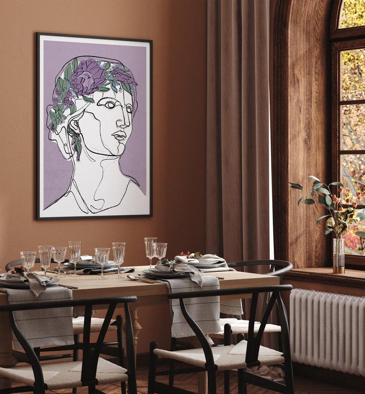 Flora by Treechild Women Illustration Paintings in Black Plain Frame placed on a wall behind a dining table 