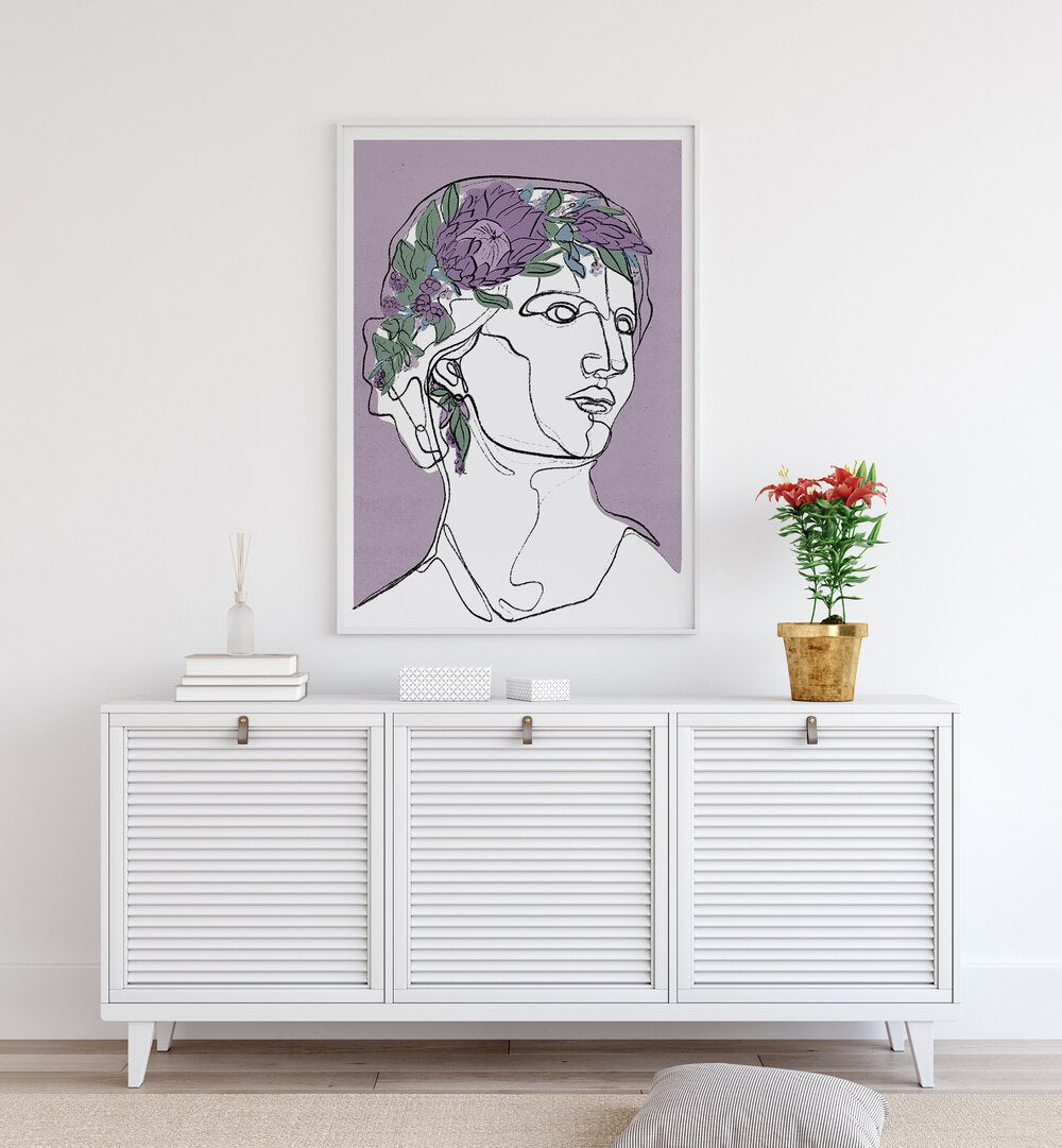 Flora by Treechild Women Illustration Paintings in White Plain Frame placed on a wall behind a console table