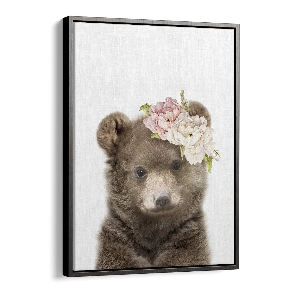 Floral Baby Bear By Lola Peacock Kids Room Paintings in Black Floater Frame