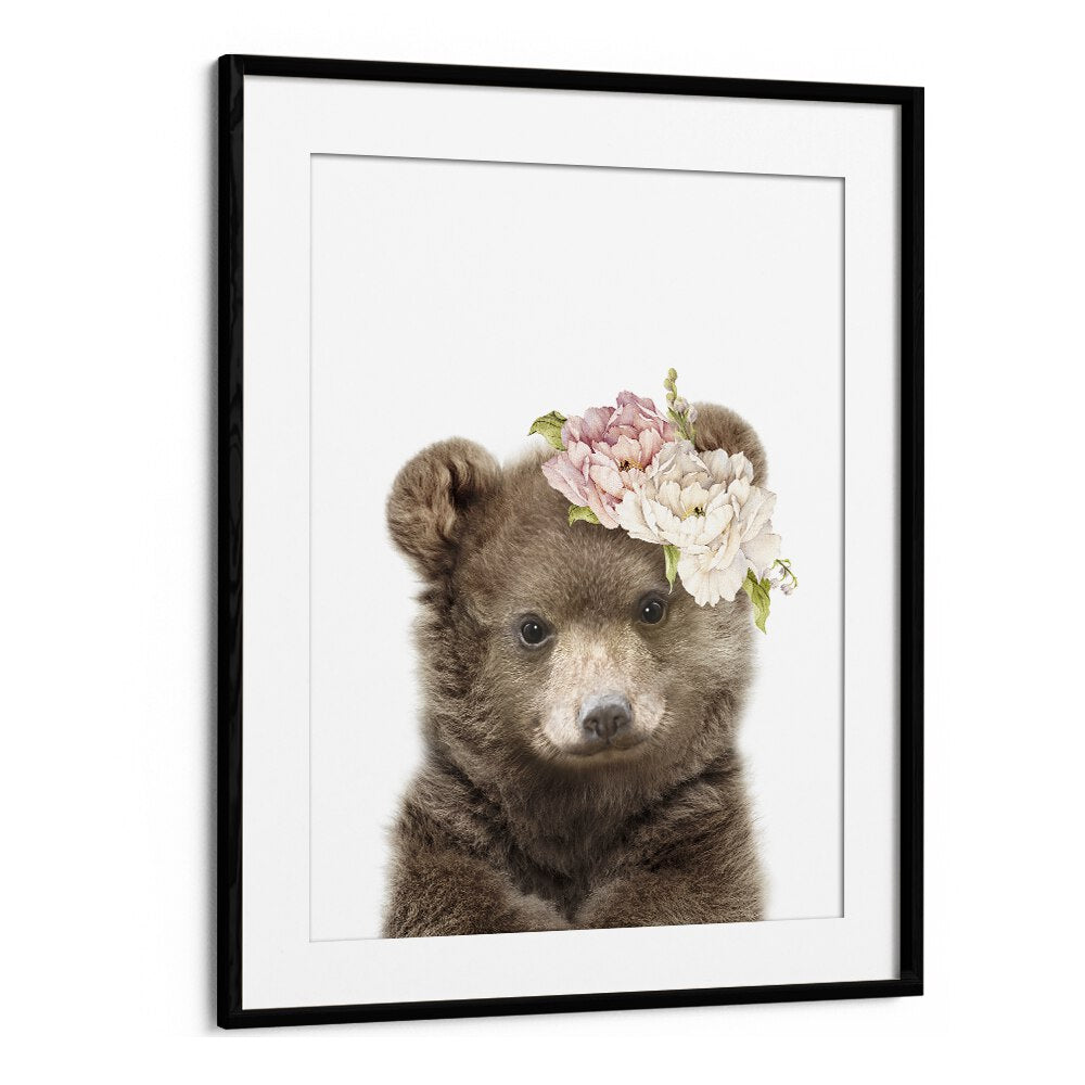 Floral Baby Bear By Lola Peacock Kids Room Paintings in Black Frame With Mount