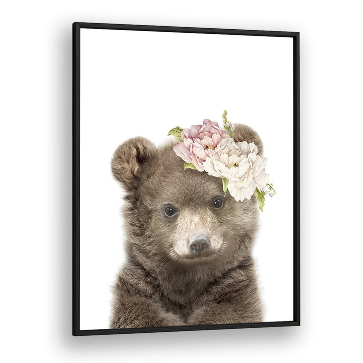 Floral Baby Bear By Lola Peacock Kids Room Paintings in Black Plain Frame