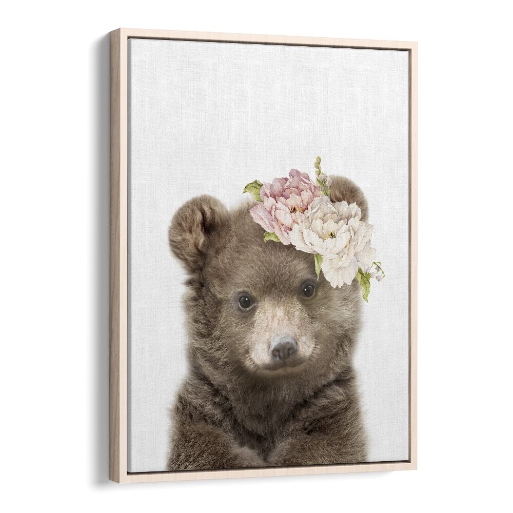 Floral Baby Bear By Lola Peacock Kids Room Paintings in Oak Wood Floater Frame