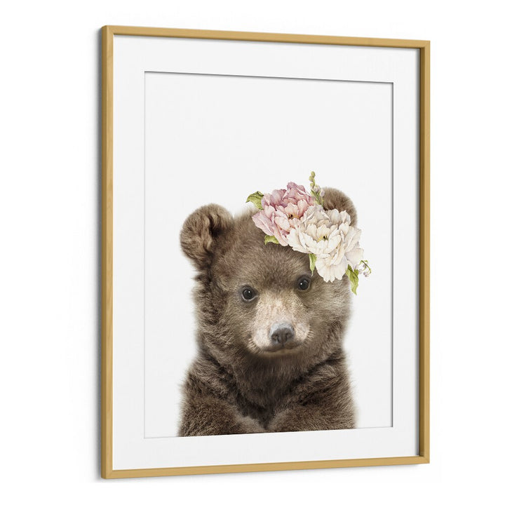 Floral Baby Bear By Lola Peacock Kids Room Paintings in Oak Wood Frame With Mount