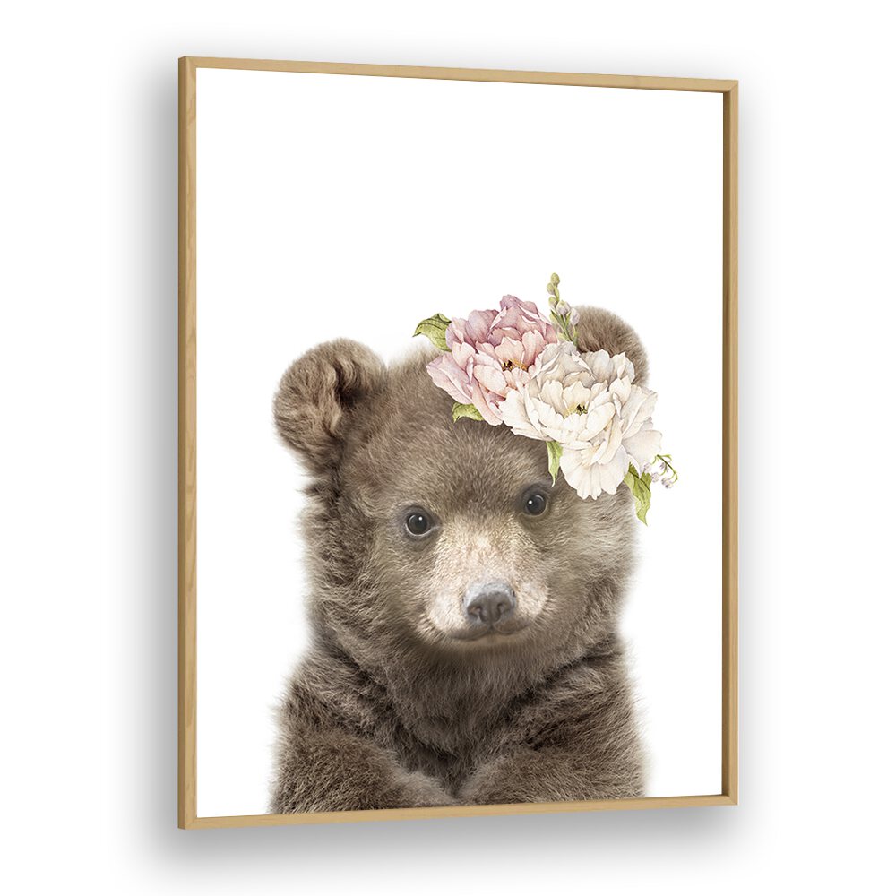 Floral Baby Bear By Lola Peacock Kids Room Paintings in Oak Wood Plain Frame