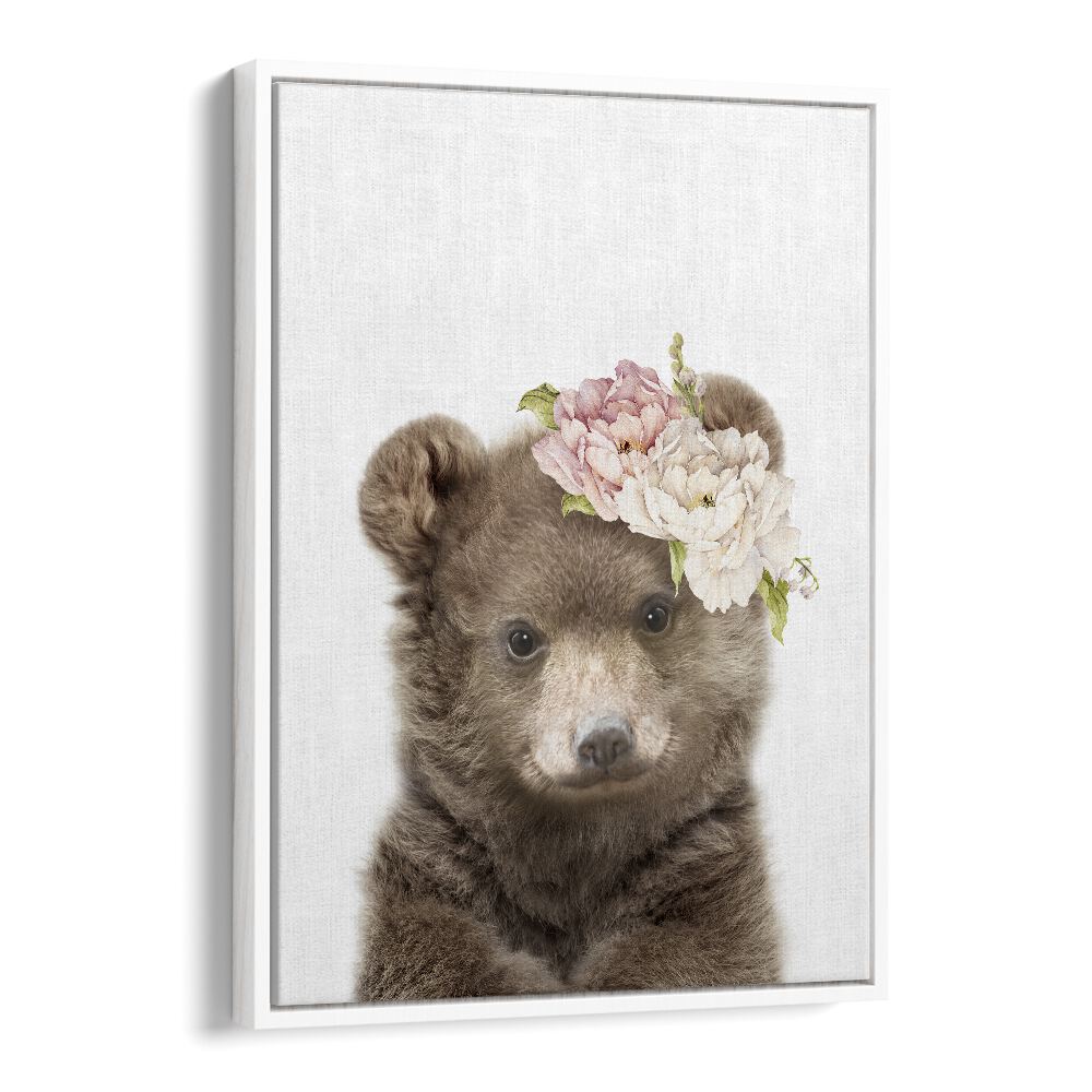 Floral Baby Bear By Lola Peacock Kids Room Paintings in White Floater Frame