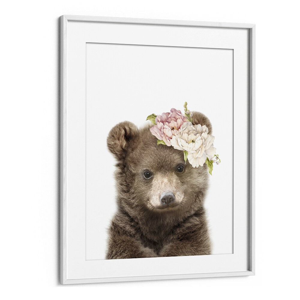 Floral Baby Bear By Lola Peacock Kids Room Paintings in White Frame With Mount