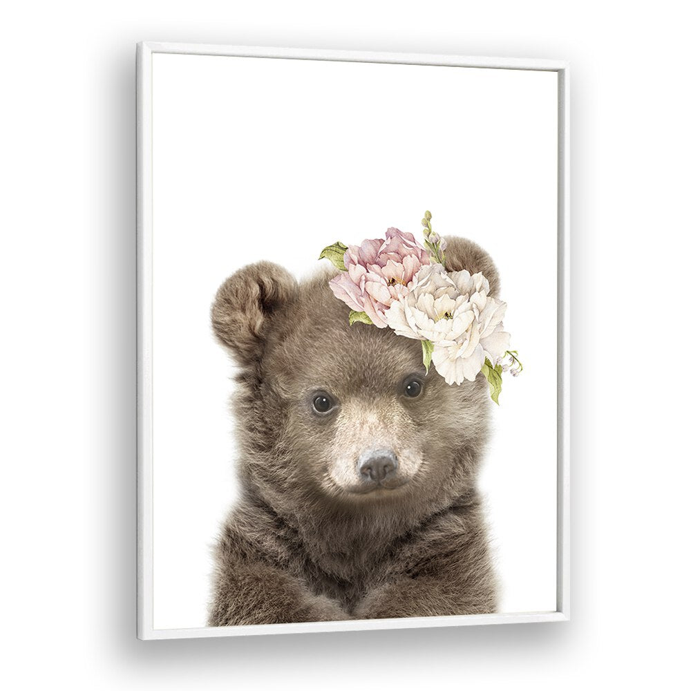 Floral Baby Bear By Lola Peacock Kids Room Paintings in White Plain Frame