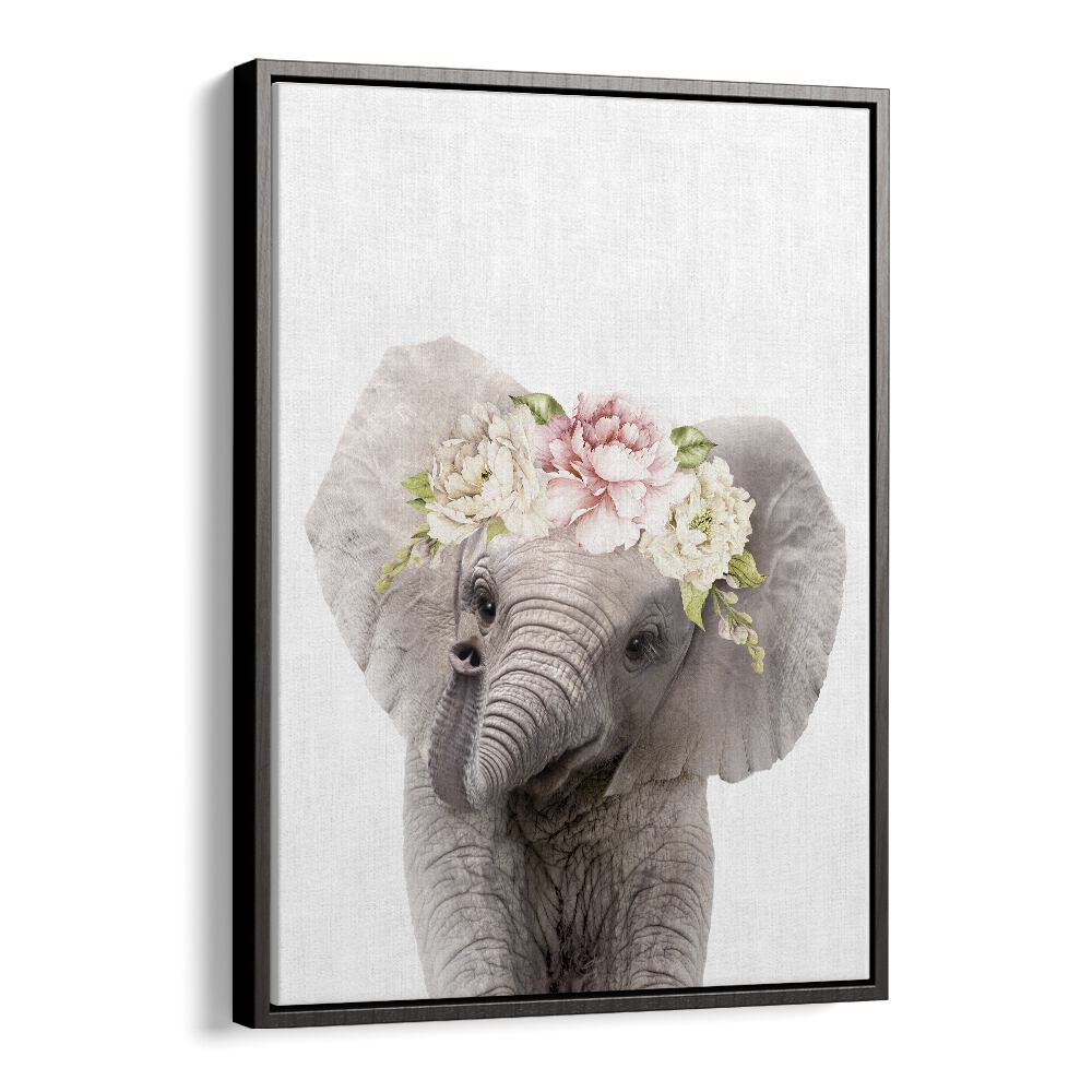 Floral Baby Elephant By Lola Peacock Kids Room Paintings in Black Floater Frame