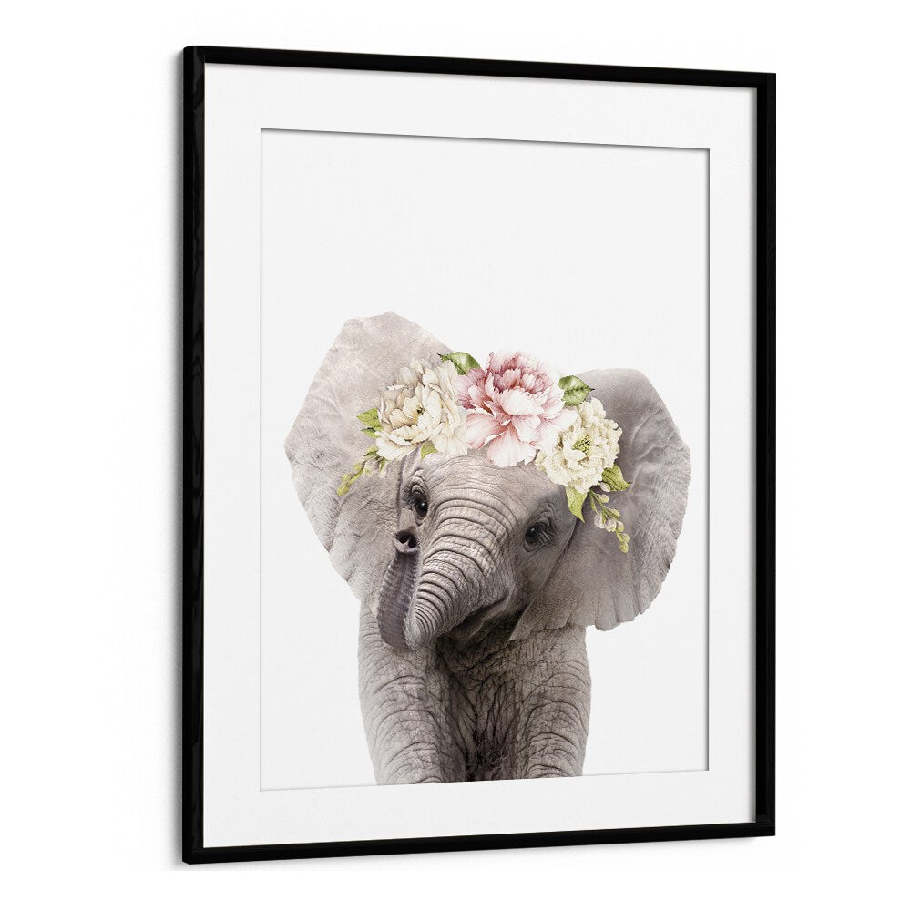 Floral Baby Elephant By Lola Peacock Kids Room Paintings in Black Frame With Mount