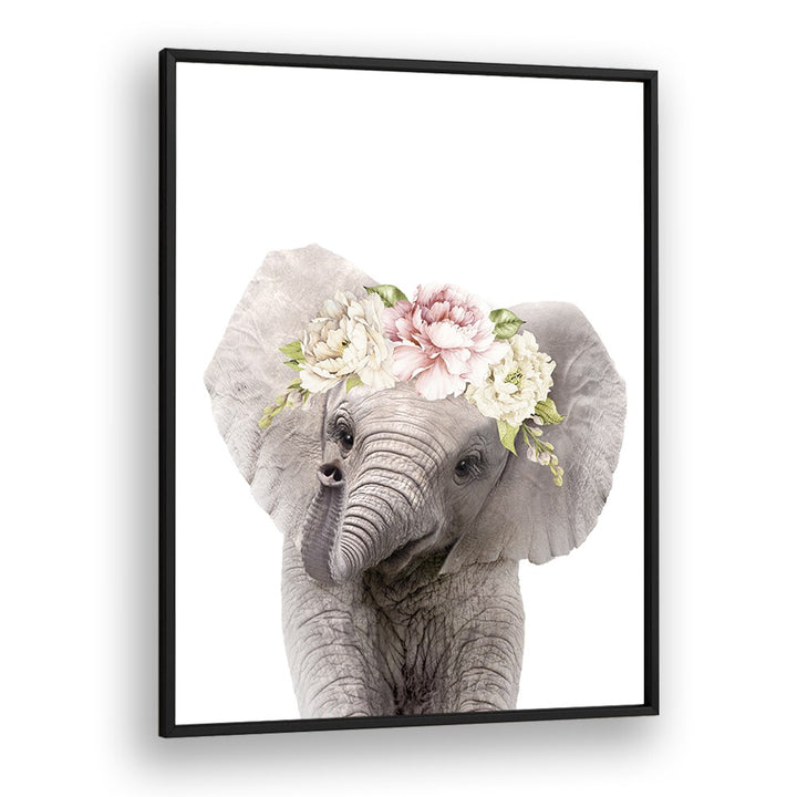 Floral Baby Elephant By Lola Peacock Kids Room Paintings in Black Plain Frame