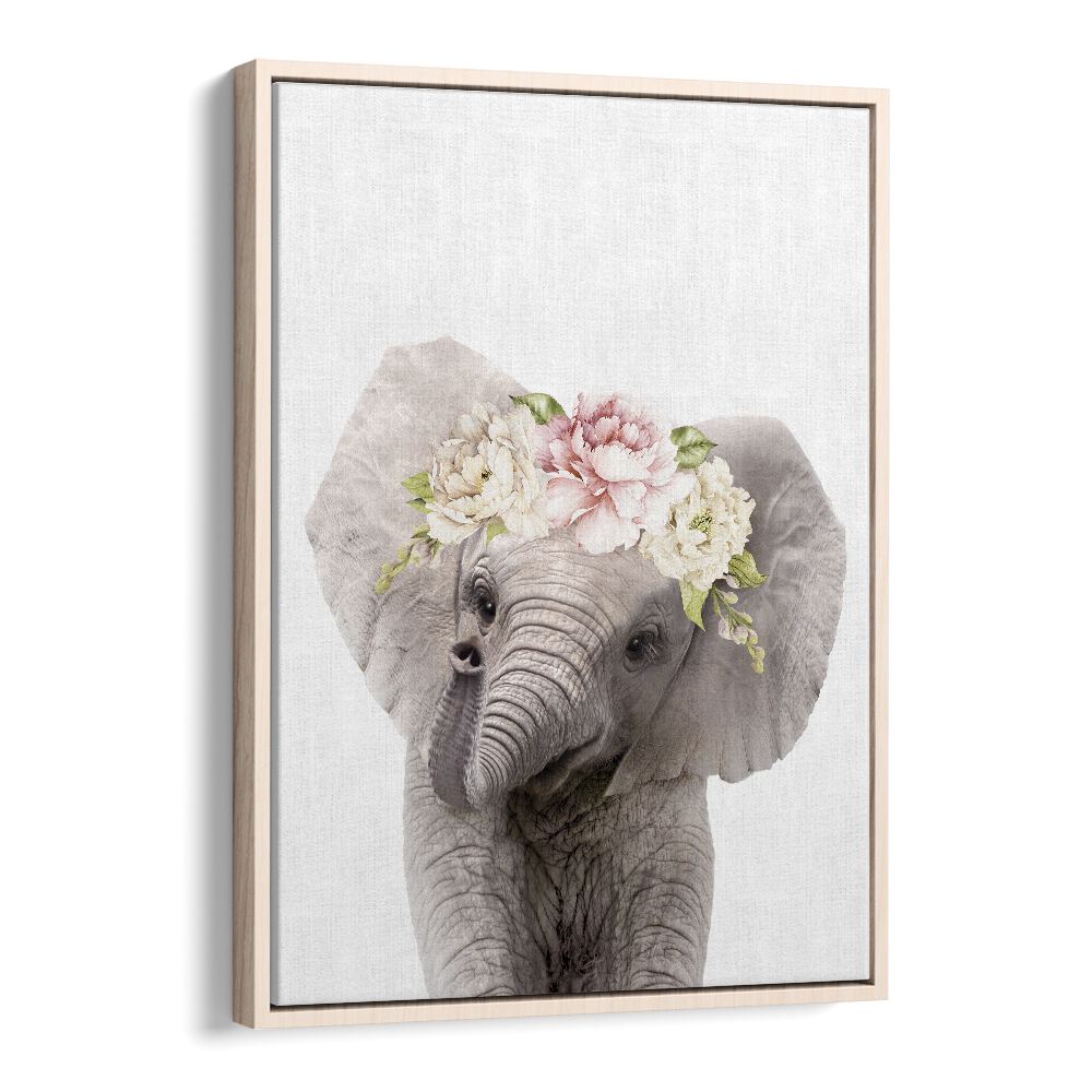 Floral Baby Elephant By Lola Peacock Kids Room Paintings in Oak Wood Floater Frame