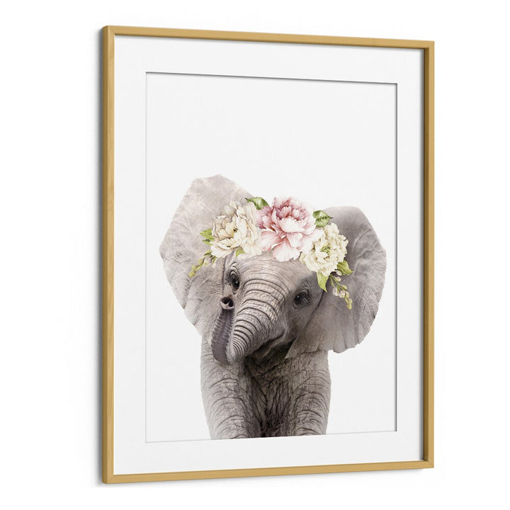 Floral Baby Elephant By Lola Peacock Kids Room Paintings in Oak Wood Frame With Mount