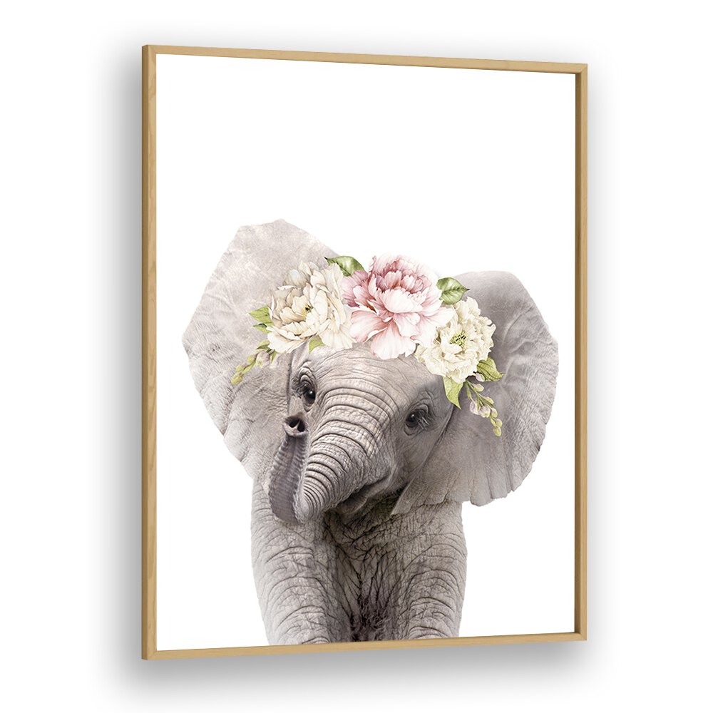 Floral Baby Elephant By Lola Peacock Kids Room Paintings in Oak Wood Plain Frame