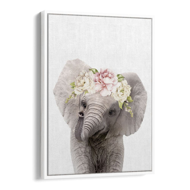 Floral Baby Elephant By Lola Peacock Kids Room Paintings in White Floater Frame