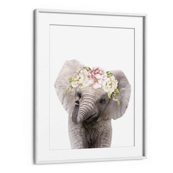 Floral Baby Elephant By Lola Peacock Kids Room Paintings in White Frame With Mount