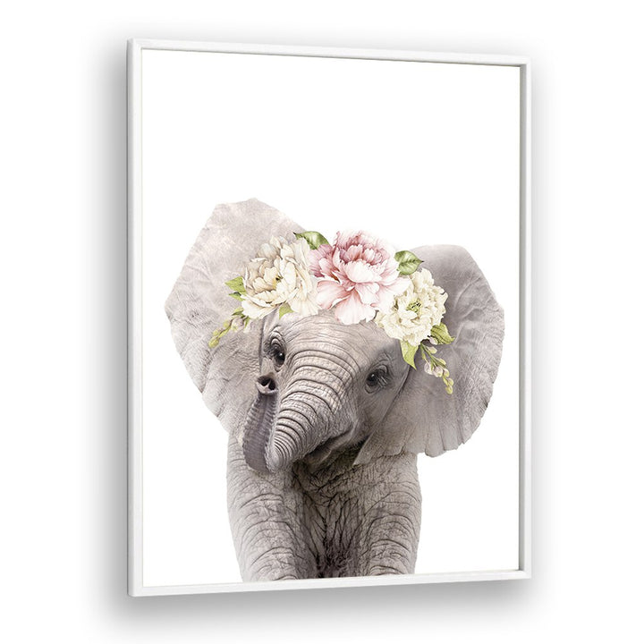 Floral Baby Elephant By Lola Peacock Kids Room Paintings in White Plain Frame