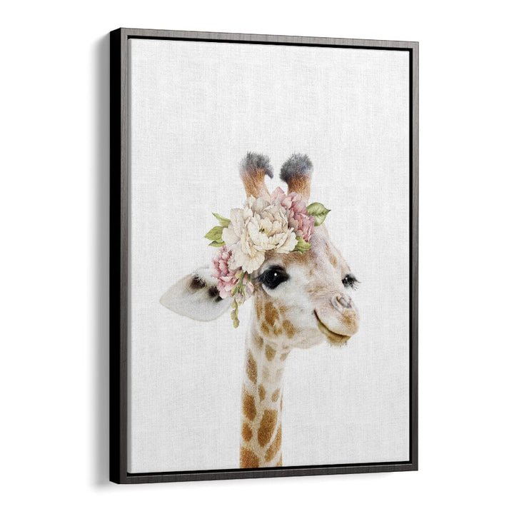 Floral Baby Giraffe By Lola Peacock Kids Room Paintings in Black Floater Frame