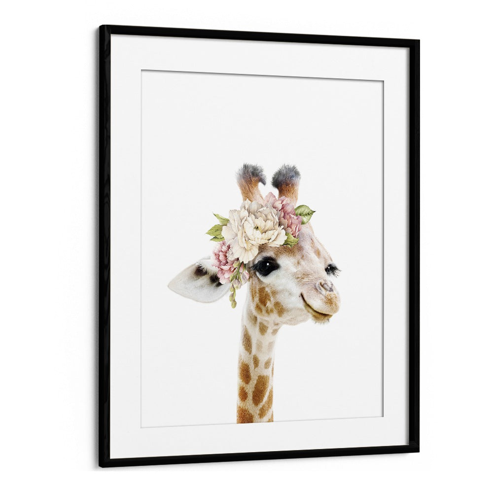 Floral Baby Giraffe By Lola Peacock Kids Room Paintings in Black Frame With Mount