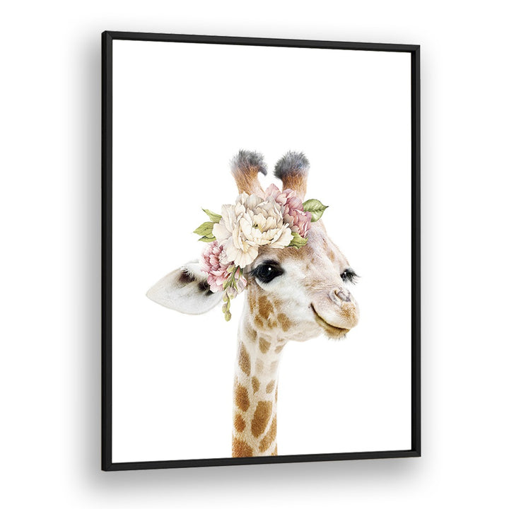 Floral Baby Giraffe By Lola Peacock Kids Room Paintings in Black Plain Frame