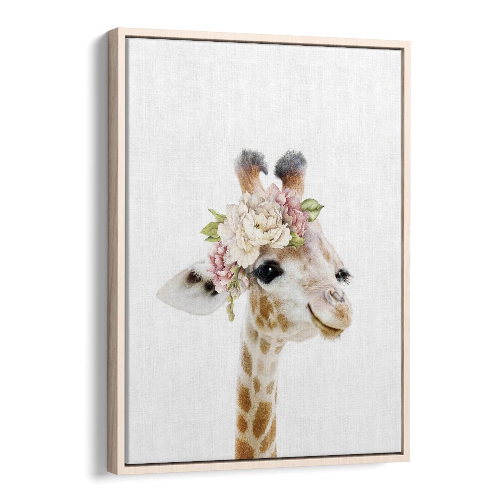 Floral Baby Giraffe By Lola Peacock Kids Room Paintings in Oak Wood Floater Frame