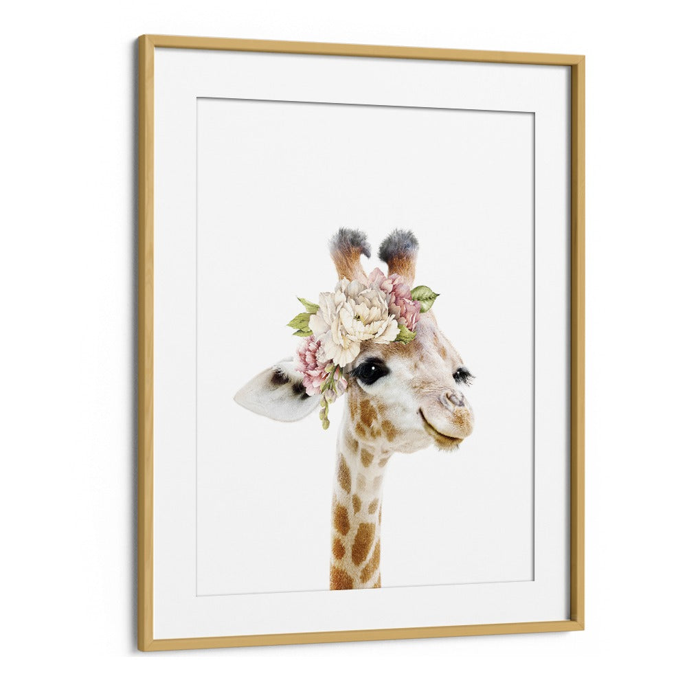 Floral Baby Giraffe By Lola Peacock Kids Room Paintings in Oak Wood Frame With Mount