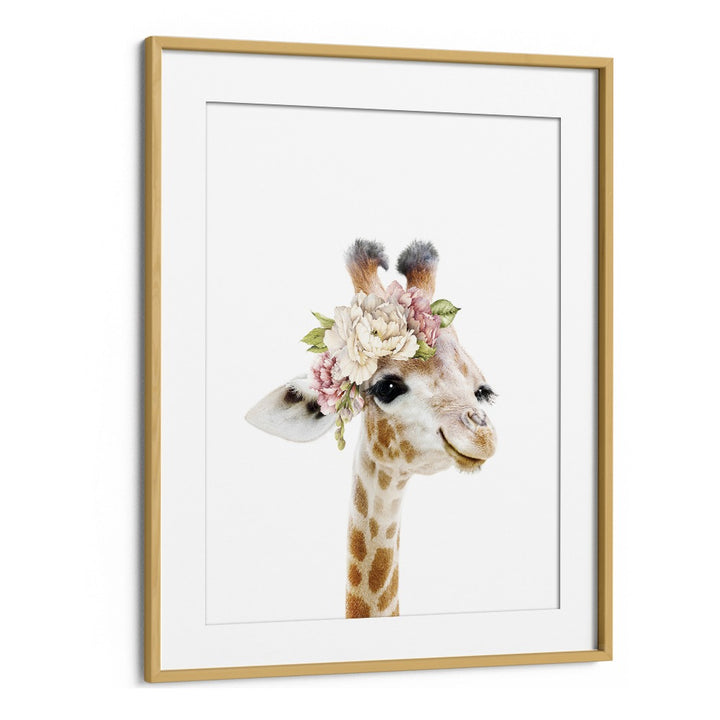 Floral Baby Giraffe By Lola Peacock Kids Room Paintings in Oak Wood Frame With Mount