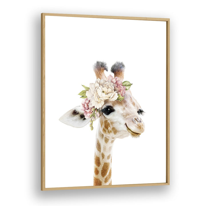 Floral Baby Giraffe By Lola Peacock Kids Room Paintings in Oak Wood Plain Frame