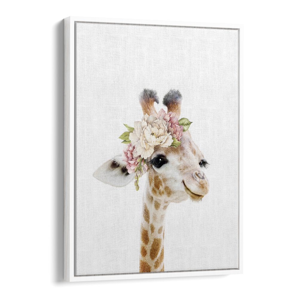 Floral Baby Giraffe By Lola Peacock Kids Room Paintings in White Floater Frame