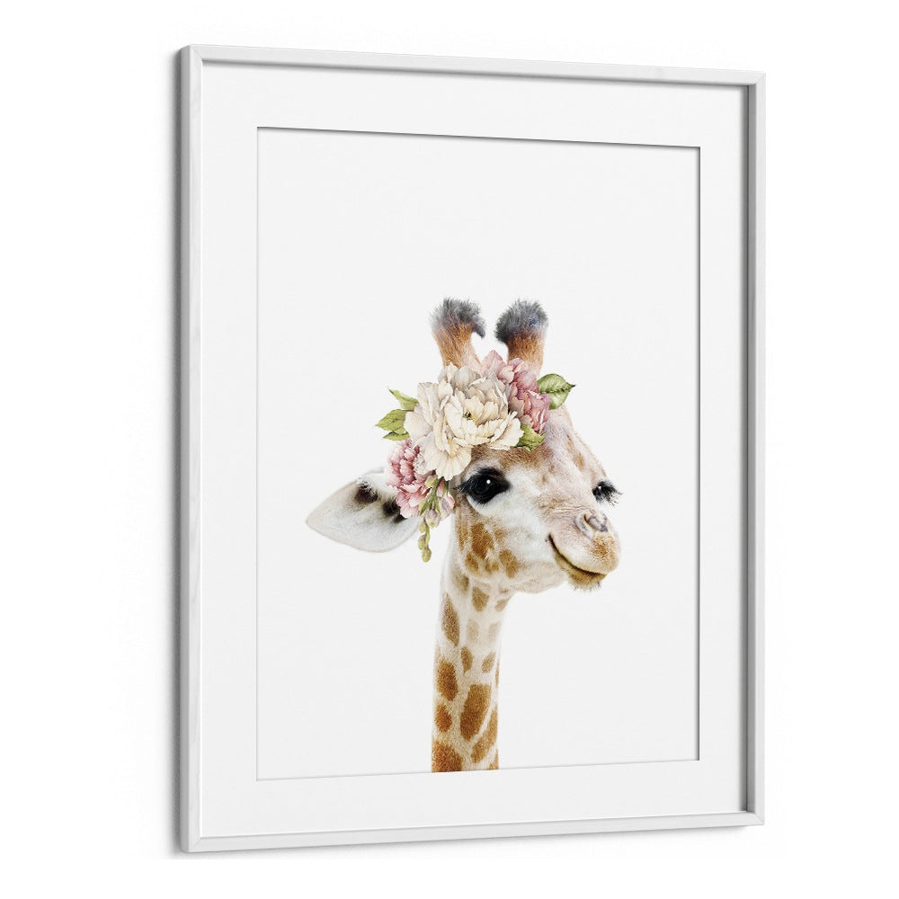 Floral Baby Giraffe By Lola Peacock Kids Room Paintings in White Frame With Mount