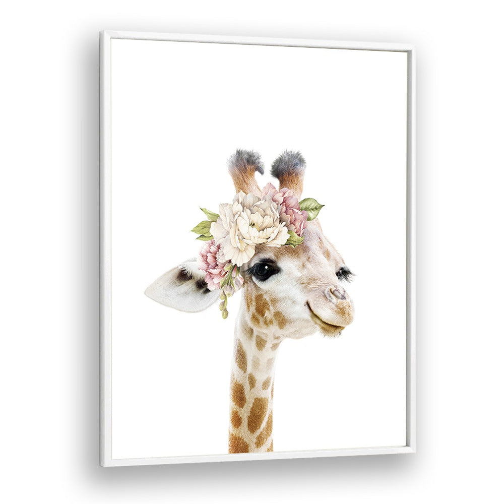 Floral Baby Giraffe By Lola Peacock Kids Room Paintings in White Plain Frame