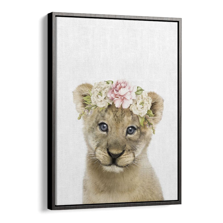 Floral Baby Lion By Lola Peacock Kids Room Paintings in Black Floater Frame