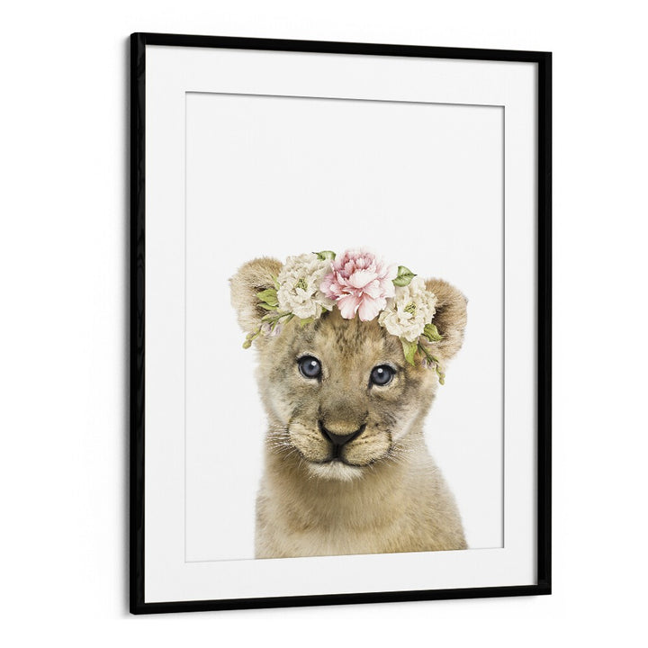 Floral Baby Lion By Lola Peacock Kids Room Paintings in Black Frame With Mount