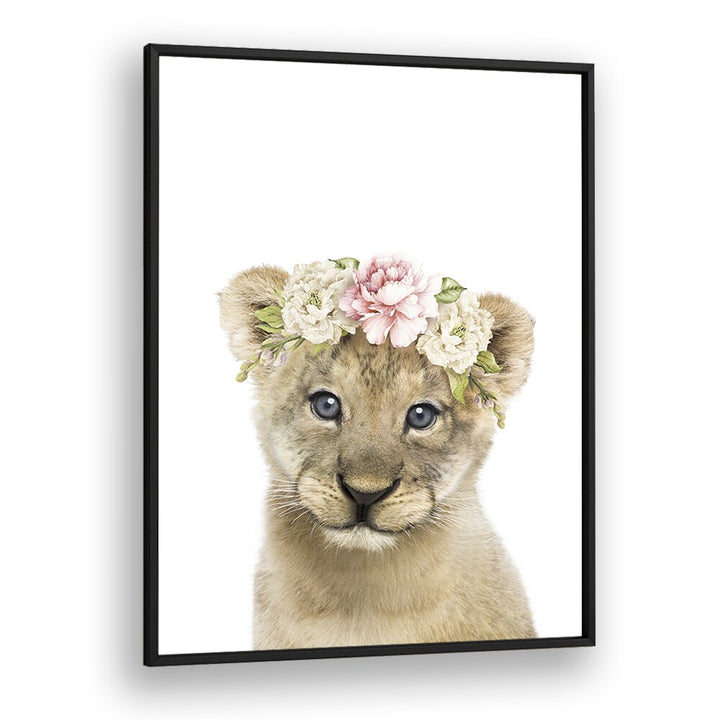 Floral Baby Lion By Lola Peacock Kids Room Paintings in Black Plain Frame