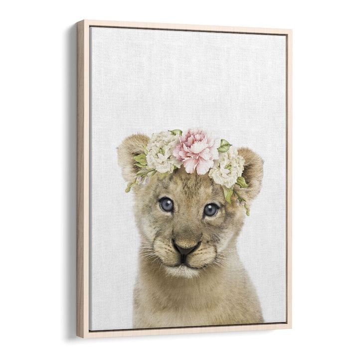 Floral Baby Lion By Lola Peacock Kids Room Paintings in Oak Wood Floater Frame