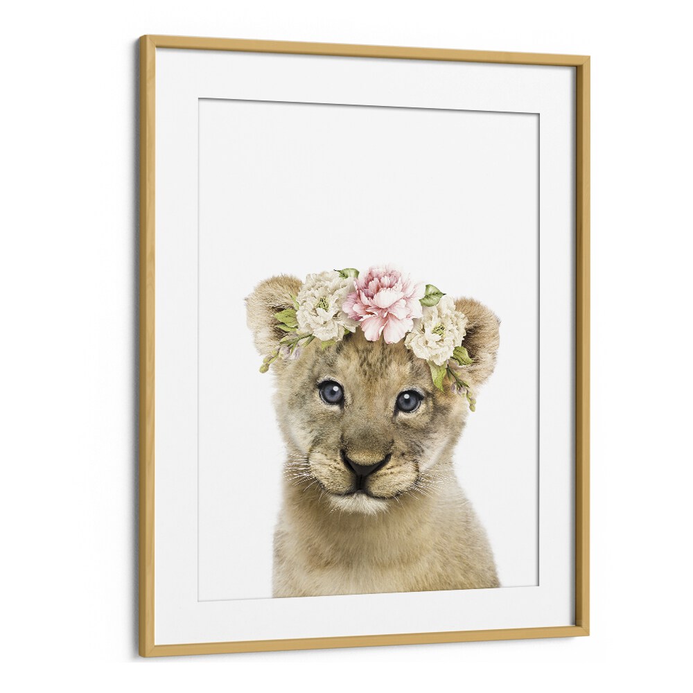 Floral Baby Lion By Lola Peacock Kids Room Paintings in Oak Wood Frame With Mount