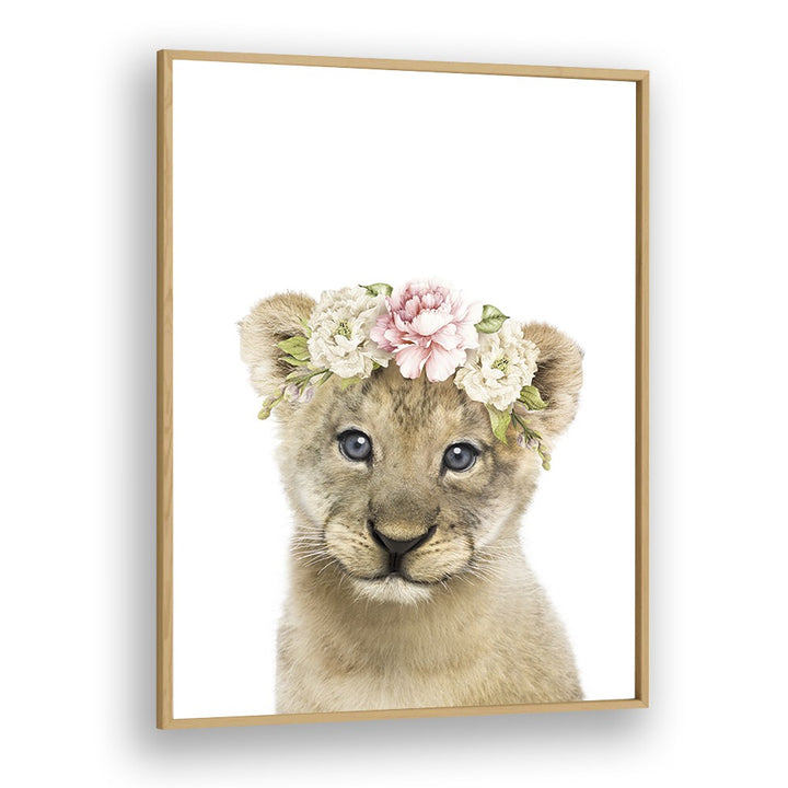 Floral Baby Lion By Lola Peacock Kids Room Paintings in Oak Wood Plain Frame