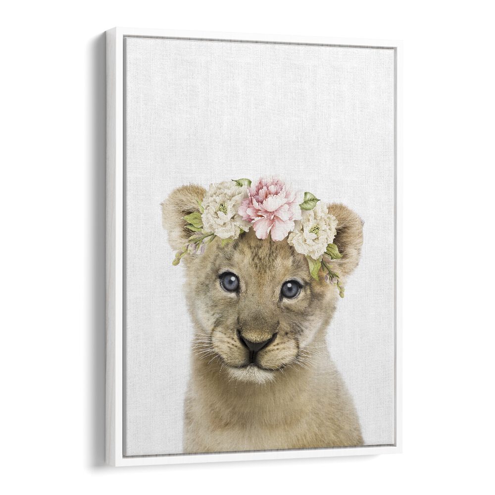 Floral Baby Lion By Lola Peacock Kids Room Paintings in White Floater Frame