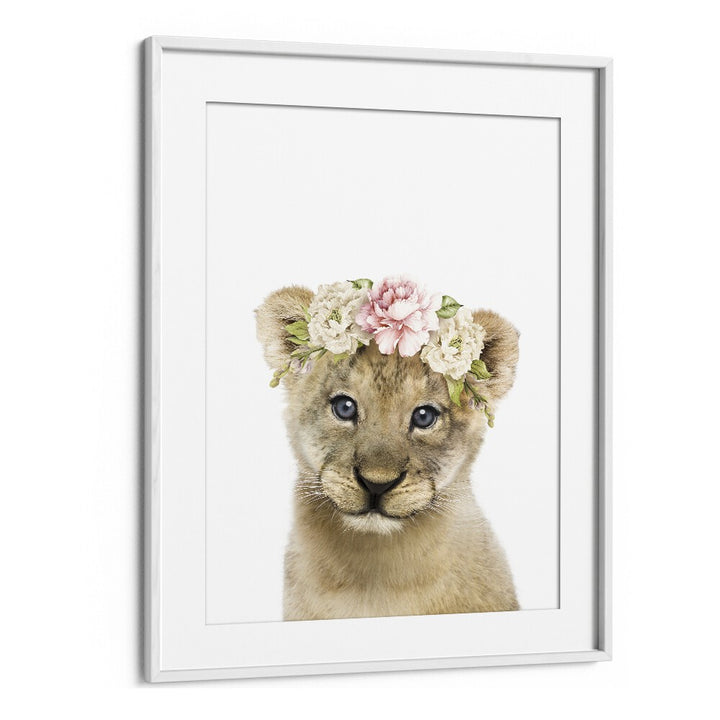 Floral Baby Lion By Lola Peacock Kids Room Paintings in White Frame With Mount