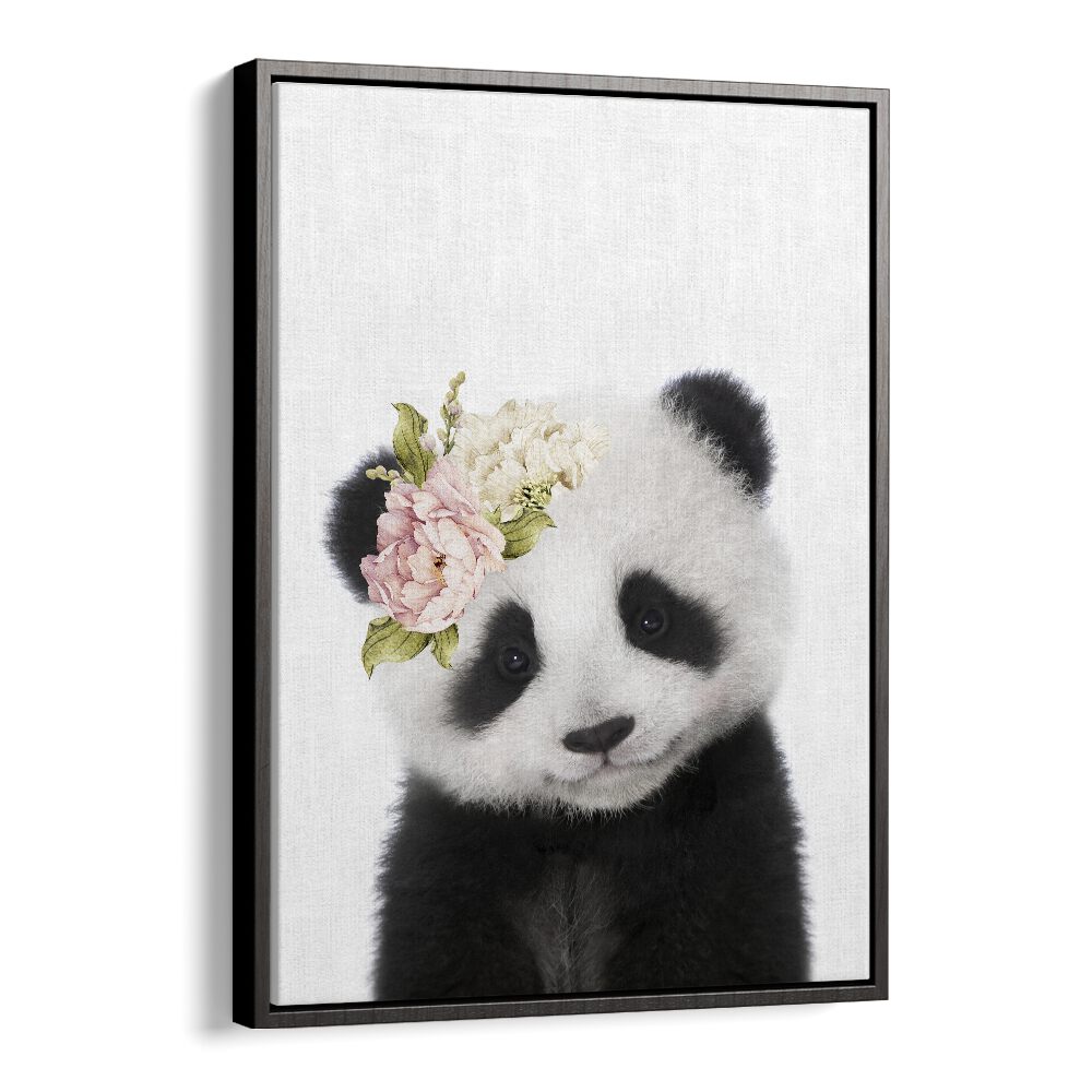 Floral Baby Panda By Lola Peacock Kids Room Paintings in Black Floater Frame