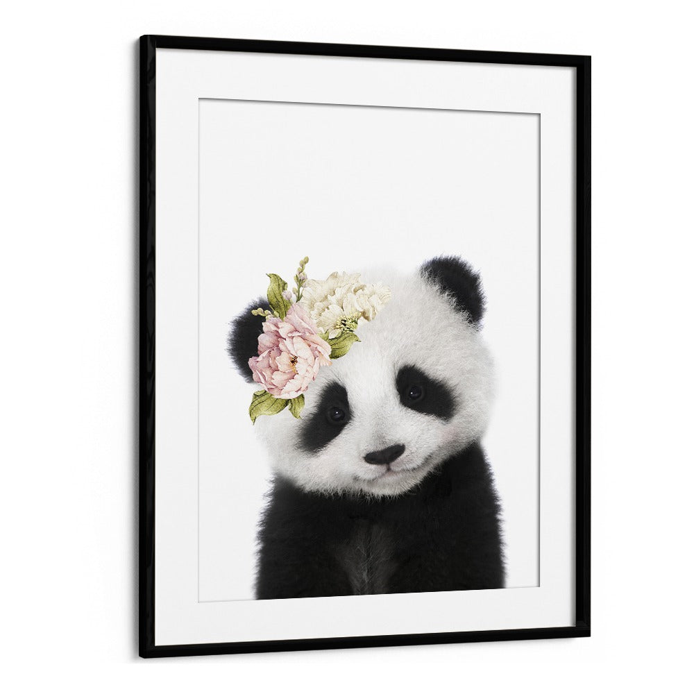 Floral Baby Panda By Lola Peacock Kids Room Paintings in Black Frame With Mount