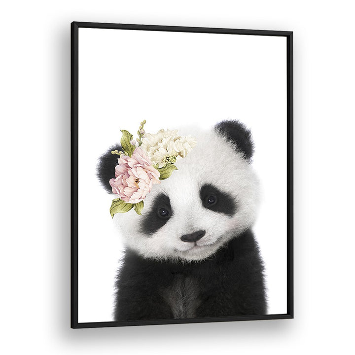 Floral Baby Panda By Lola Peacock Kids Room Paintings in Black Plain Frame