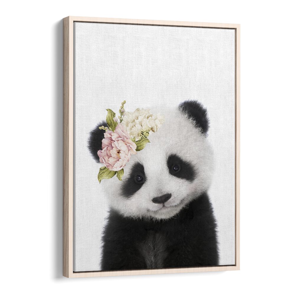 Floral Baby Panda By Lola Peacock Kids Room Paintings in Oak Wood Floater Frame