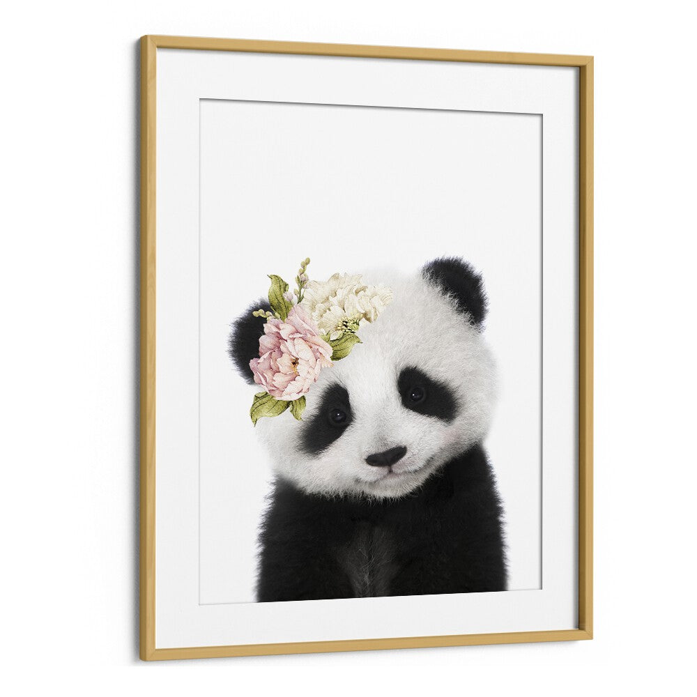 Floral Baby Panda By Lola Peacock Kids Room Paintings in Oak Wood Frame With Mount