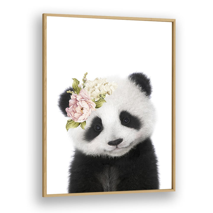 Floral Baby Panda By Lola Peacock Kids Room Paintings in Oak Wood Plain Frame