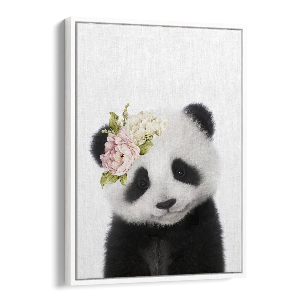 Floral Baby Panda By Lola Peacock Kids Room Paintings in White Floater Frame