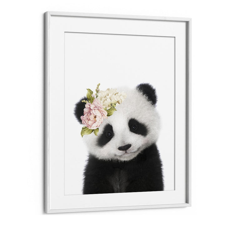 Floral Baby Panda By Lola Peacock Kids Room Paintings in White Frame With Mount