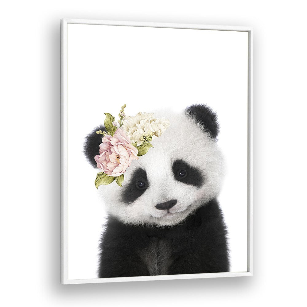 Floral Baby Panda By Lola Peacock Kids Room Paintings in White Plain Frame