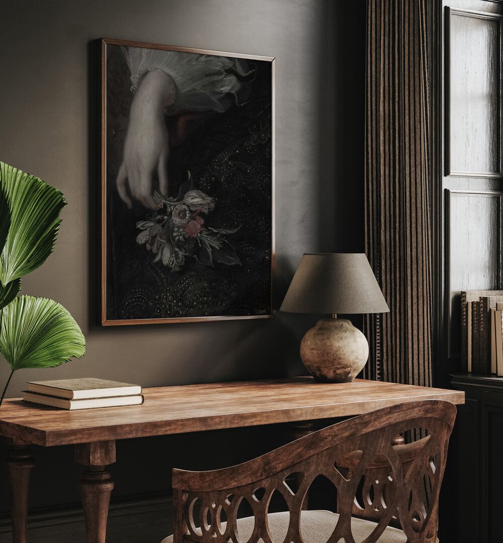 Floral Embrace A Handful Of Gothic Blooms Gothic Art Prints in Oak Wood Plain Frame placed on wall behind a study table beside a window